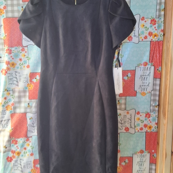 NWT CALVIN KLEIN TEXTURED CAP SLEEVE JEWEL NECK KNEE LENGTH EVENING DRESS - Picture 2 of 11